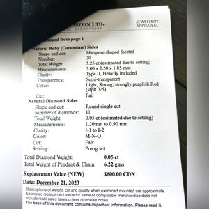 I am selling a ruby necklace never worn. Excellent condition. Appraised 600.00